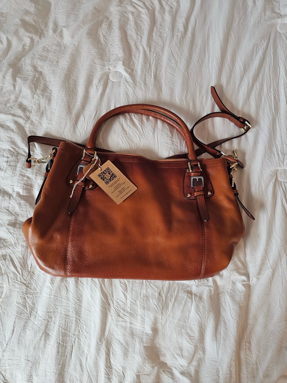 Textured Cognac Leather Shoulder Bag with Top Handles